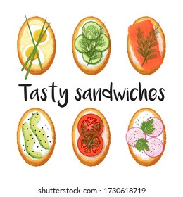 Collection of toasts with different fillings on a white background. Tasty sandwiches. Isolated object on a white background. Cartoon style.