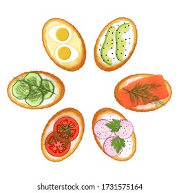 Collection of toasts with different fillings on a white background. Tasty sandwiches. Isolated object on a white background. Cartoon style.