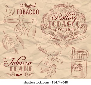 Collection tobacco and smoking elements in vintage style drawing on brown background.