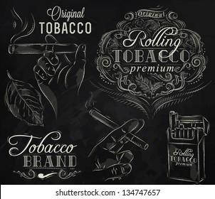 Collection tobacco and smoking elements in vintage style drawing with chalk on chalkboard background.