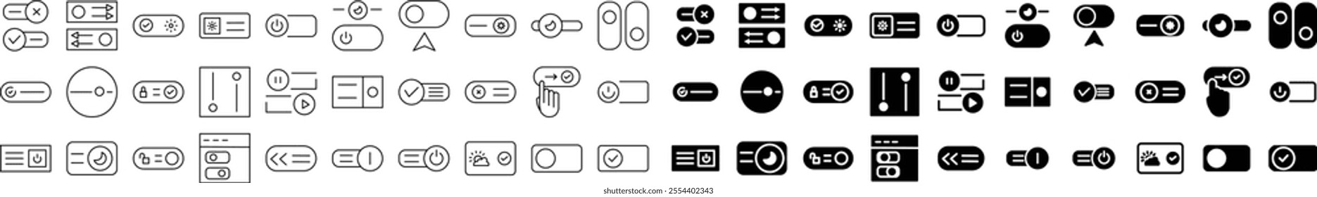A collection of toggle, switch, and button icons in black and white, featuring various styles and functions. Ideal for UI design, mobile apps, and web interface projects.