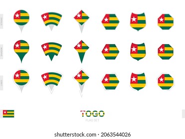 Sammlung der Togo-Fahne in verschiedenen Formen und mit drei verschiedenen Effekten. Vektorfahmensatz.