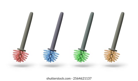 Collection of toilet brushes in different colors. Decorative elements for cleaning service design options. Templates for advertising washing equipment store, cleaning agency