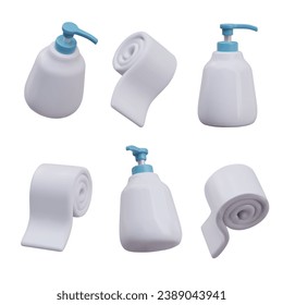 Collection with toilet paper and bottle with cream for body. Cosmetic product o on white background. Vector illustration in 3d style with blue elements