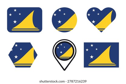 collection of tokelau flag icons in circle, heart, hexagon and location pin shapes. ideal for travel apps, tourism websites, geography education, ui design and international branding projects.