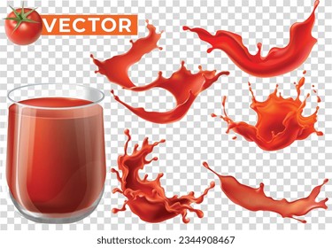 Collection of tomato liiquid splashing and glass of tomato juice on left. Vector illustration.