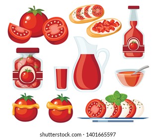 Collection of tomato products and dishes. Fresh and Cooked Tomatoes. Tomatoes in transparent glass jar and juice in glass jug. Flat vector illustration isolated on white background