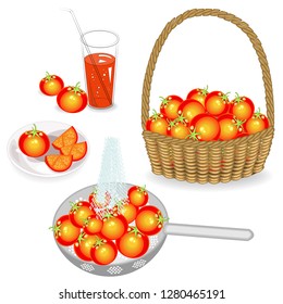 Collection. Tomatoes in the basket are collected, washed under water in a colander. Cut vegetables on a plate, squeeze juice. Delicious refreshing healthy drink. Vector illustration set.