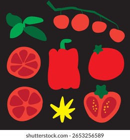 Collection of tomatoes isolated and basil on black background. vector illustration