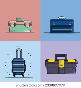 Colección de cajas de herramientas e ilustración vectorial de bolsas de viaje. Concepto de ícono de equipo de herramientas de trabajo y viajes. Kit de herramientas para constructores o tiendas industriales. Diseño vectorial de cajas de herramientas de plástico portátiles.