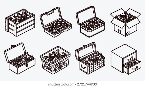 Colección de cajas de herramientas y cajones llenos de diversas herramientas y hardware