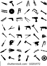 Collection of tools. 53 black and white items isolated on white background.