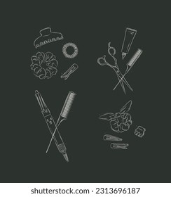 Collection of tools and accessories for creating hairstyles drawing on black background