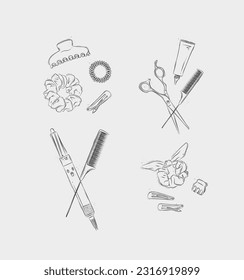 Collection of tools and accessories for creating hairstyles drawing on light background