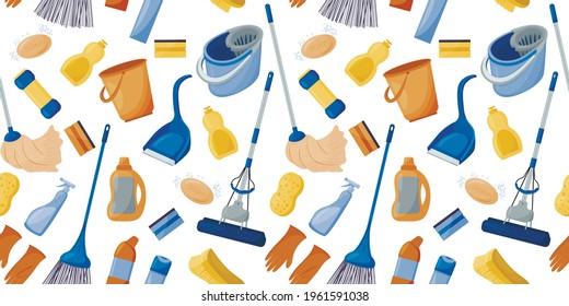 Collection of tools for cleaning the house. Seamless pattern. Cleaning company. Vector illustration.