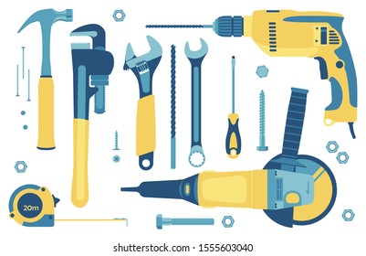 Collection of tools for construction and repair: hammer, angle grinder, pipe wrench, adjustable wrench, spanner, drill, screwdriver, roulette, screws, nails, bolt. Vector. Isolated on white.