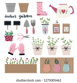Collection of tools and equipment for indoor gardening in cute hand drawn style. Garden elements: seeds, spade, watering can, garden gloves, flowerpots, grass and leaves. Spring time vector drawing