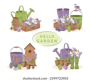 Collection of tools for gardening and growing plants. Agricultural tools. Hello garden.  Vector illustration Isolated on white.