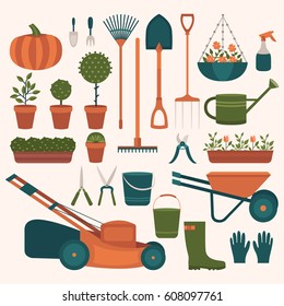 Collection of tools for gardening. Illustration of work in the garden in the summer. Set of vector elements: shovel, rake, lawn mower, flowers, watering can, bucket, wheelbarrow, rubber boots, gloves.