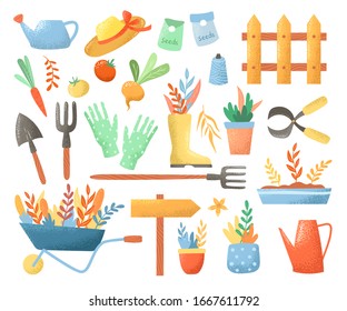 A collection of tools for gardening, potted flowers, garden clothes. Set of decorative vector elements.