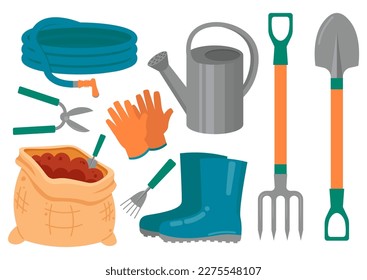 Collection Of Tools For Gardening. Shovel, Pitchfork, Scissors Vector Illustration In Flat Style