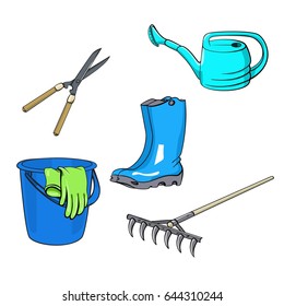 Collection of tools for gardening. Vector Illustration. Garden summer. Set of elements: rake, watering can, bucket, rubber boots, gloves, secateurs