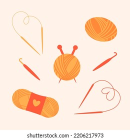 Colección de herramientas para tejer. Manejo de hilo con agujas de punto, gancho de crochet. Kit para tejer. Vector