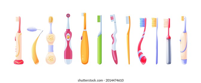 Collection toothbrush. Dental cleaning tools for children and adults. Electrical and manual tooth hygienic equipment. Dentistry oral protect with handle bristle. Teeth health and beauty vector cartoon