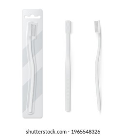 Collection of toothbrush with and without box vector illustration. Set of realistic equipment with package for daily teeth hygienic isolated on white. Design template of dental hygiene tools