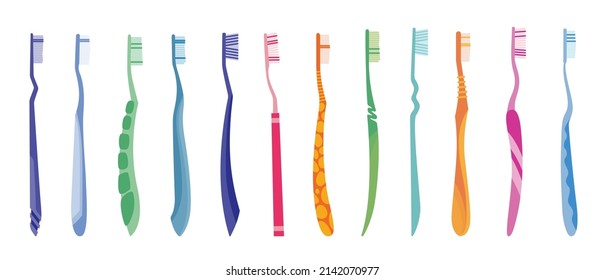 Collection of toothbrushes dental symbols. Mouth cleaning tools. Isolated icons for web. Oral care and hygiene, healthcare concept. Vector illustration of symbols on white background