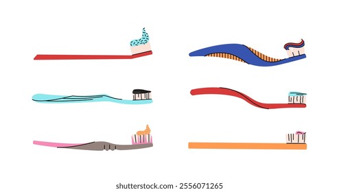 Collection of toothbrushes and toothpaste on a white background. Dentistry concept, oral care. Different toothbrushes designs with different paste. Teeth cleaning accessories. Colorful vector set