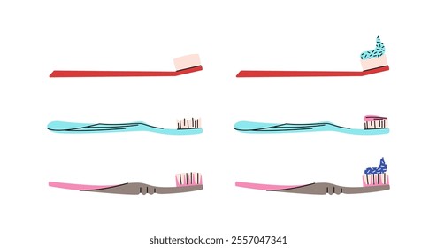 Collection of toothbrushes and toothpaste on a white background. Dentistry concept, oral care. Different toothbrushes designs with different paste. Teeth cleaning accessories. Colorful vector set