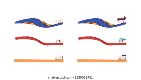 Collection of toothbrushes and toothpaste on a white background. Dentistry concept, oral care. Different toothbrushes designs with different paste. Teeth cleaning accessories. Colorful vector set