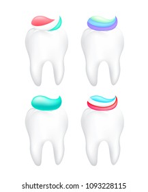 Collection of toothpaste on tooth. Icon design, dental care concept. Illustration isolated on white background.