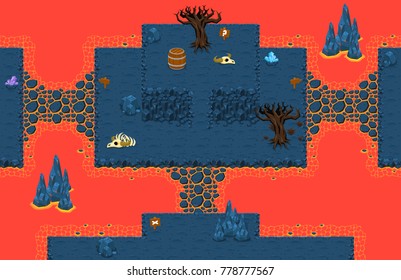 Collection of top down tiles and objects for creating adventure video games with volcano theme