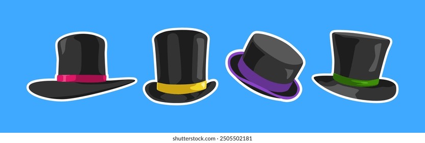 Collection of top hat, magician hat with flat style. Isolated on blue background. Vector illustration.