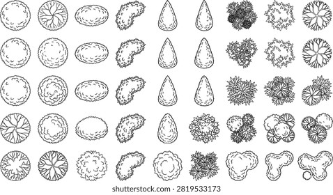 Collection of top-down tree symbols and botanical plans for professional landscape architecture and site design. Ideal for clean architectural drawings and urban layouts.
