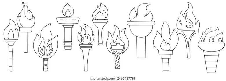 Collection of torches with flame in doodle style outline. Hand drawn vector art.