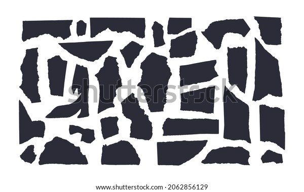Collection of torn Black on\
white paper isolated on white background. Vector illustration of\
torn paper scraps of different sizes and shapes. Crumbled pieces of\
pages.