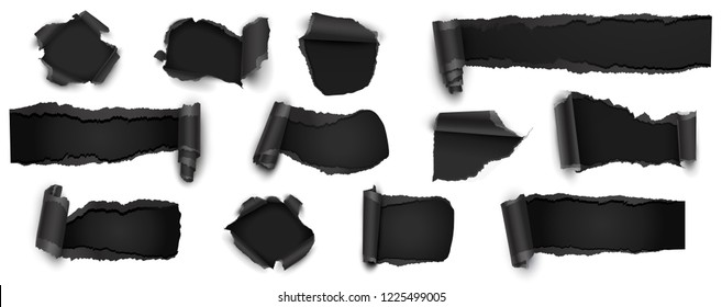 Collection of Torn Black Paper Isolated on White, Sale, Discount. Vector Illustration