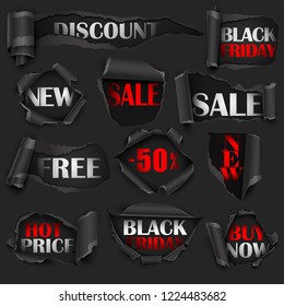 Collection of Torn Black Papers, Sale, Discount. Vector illustration