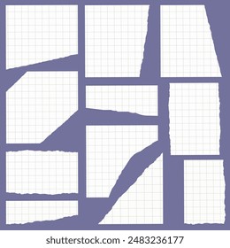 A collection of torn checkered notebook sheets, mathematical notes, pieces of checkered paper, scraps. Vector isolates.