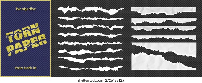 Colección de los bordes de papel arrugados rasgados y texturas de la pieza. Ilustración vectorial con efecto de corte de garra en lámina blanca limpia reciclada. Kit de Clipart para Anuncios y divisores como PNG transparente BG
