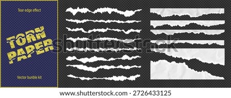 Collection of torn crumpled paper edges and textures piece. Vector illustration with rip, claw cut effect on clean white recycled sheet. Clipart kit for banners and dividers on like transparent png bg