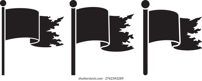 Collection of torn flag symbols, ripped banner icons, tattered cloth, wind blown.