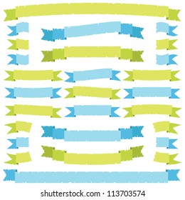 collection of torn green and blue ribbons, isolated on white