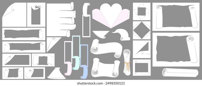 Collection of torn holes and rolled edges. Realistic sketch vector illustration of torn and folded or cut strip or sheet of paper with frame.