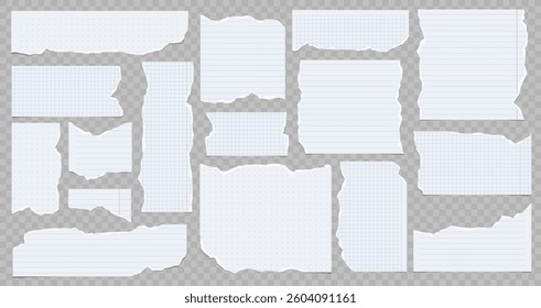Collection of torn lined and squared paper strips. Ripped paper scraps with rough edges. Vector illustration of sticky notes and notebook pages for banners, posters.
