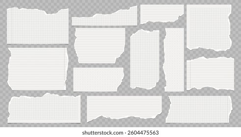 Collection of torn lined and squared paper strips. Ripped paper scraps with rough edges. Vector illustration of sticky notes and notebook pages for banners, posters.
