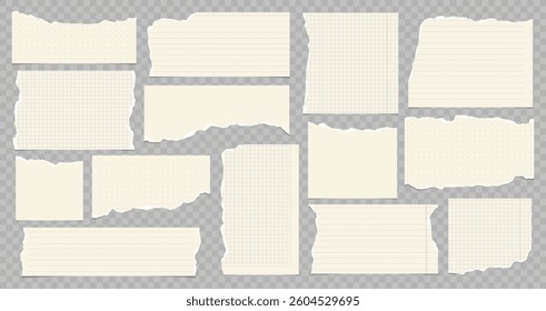 Collection of torn lined and squared paper strips. Ripped paper scraps with rough edges. Vector illustration of sticky notes and notebook pages for banners, posters.
